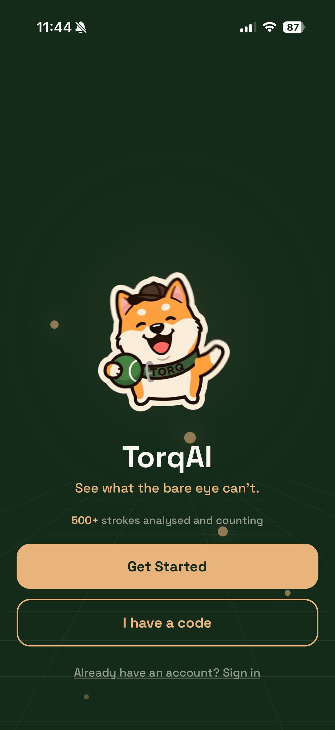 TorqAI welcome screen showing I have a code button
